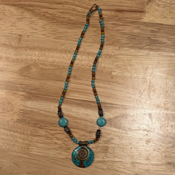Beautiful Handmade Native American Faux Turquoise with Orgone Stone Pendant 16" - Picture 1 of 9
